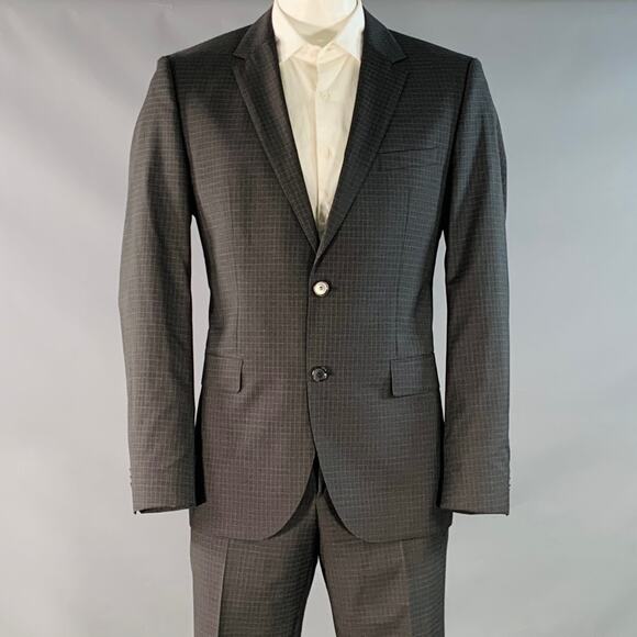 HUGO BOSS Size 42 Regular Grey Black Checkered Virgin Wool Notch Lapel Suit - Picture 1 of 13